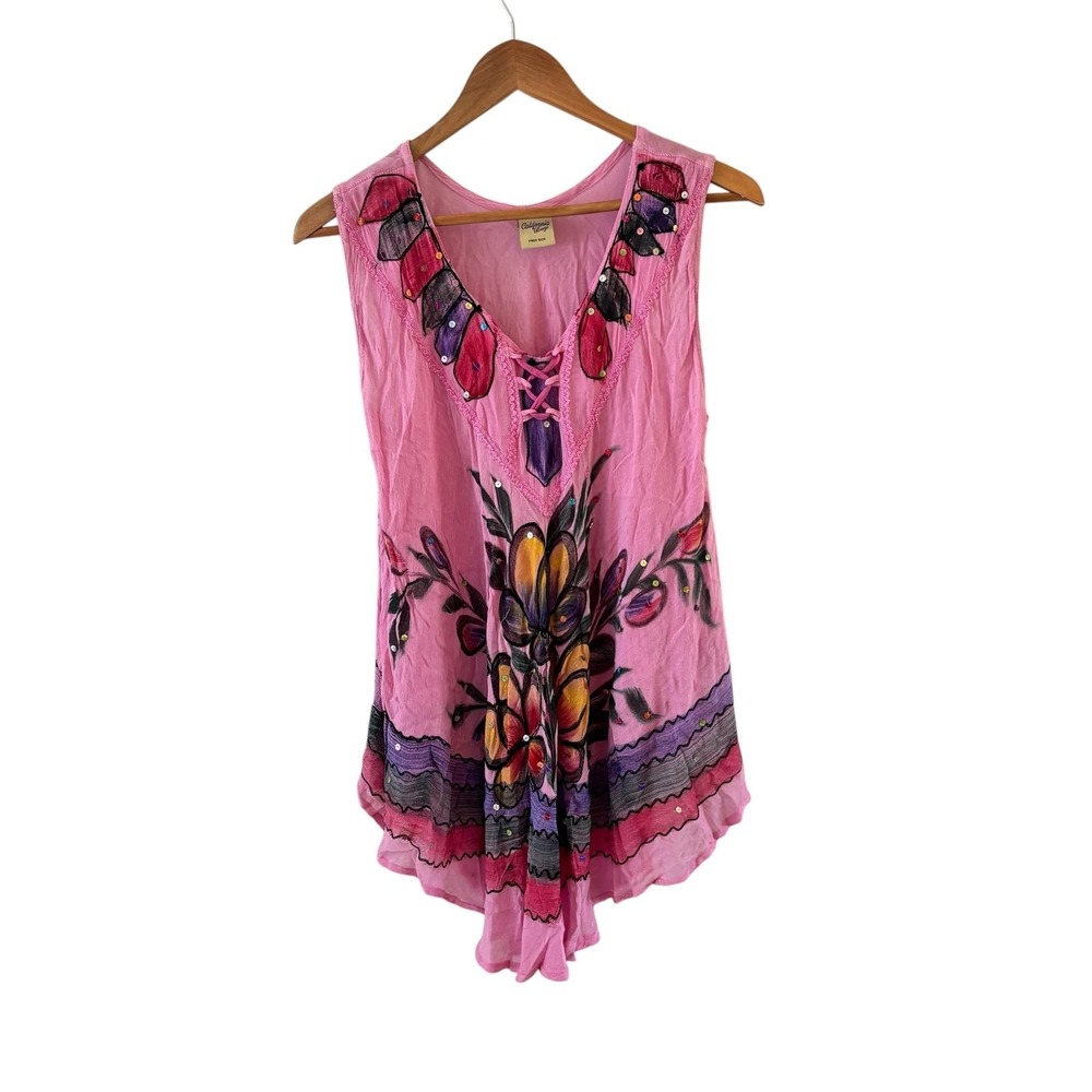 Womens Sequin Floral Tunic Top OS Sleeveless Pink Asymmetric Boho‎ Lace Festival